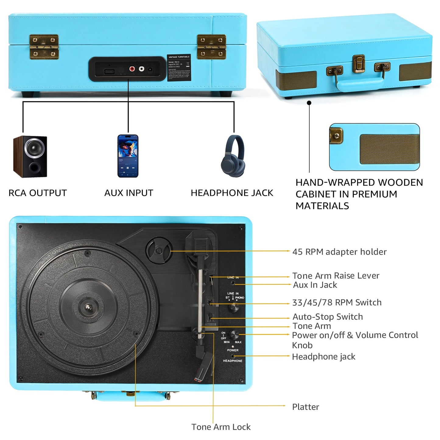 Record Player Turntable Portable Suitcase Vinyl Record Player Bluetooth Audio Turntable with Built-In Speakers,Blue