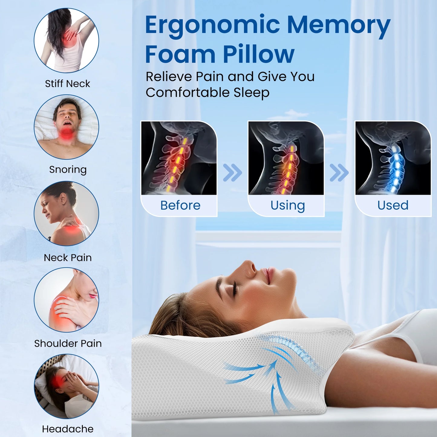 Cervical Pillow for Neck Pain Relief, Ergonomic Hollow Design, Odorless Memory Foam Pillow for Sleeping, Orthopedic Contour Neck Support Pillows with Additional Pillowcase, Milk White