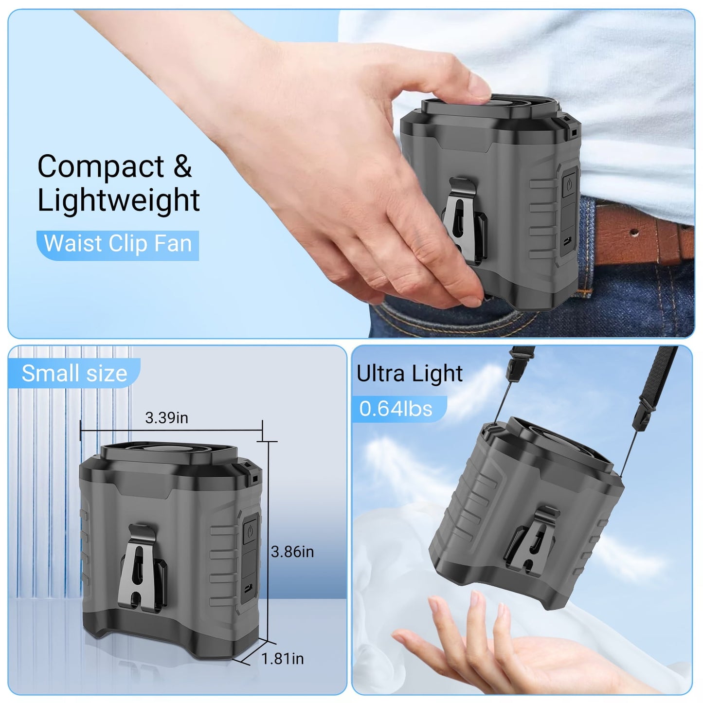 10000Mah Portable Waist Fan Clip on Wearable Belt Personal Fan Rechargeable Battery Operated with 5 Speeds & Neck Hands-Free 50H Cooling for Outdoor Camping Travel Fishing (Gray)