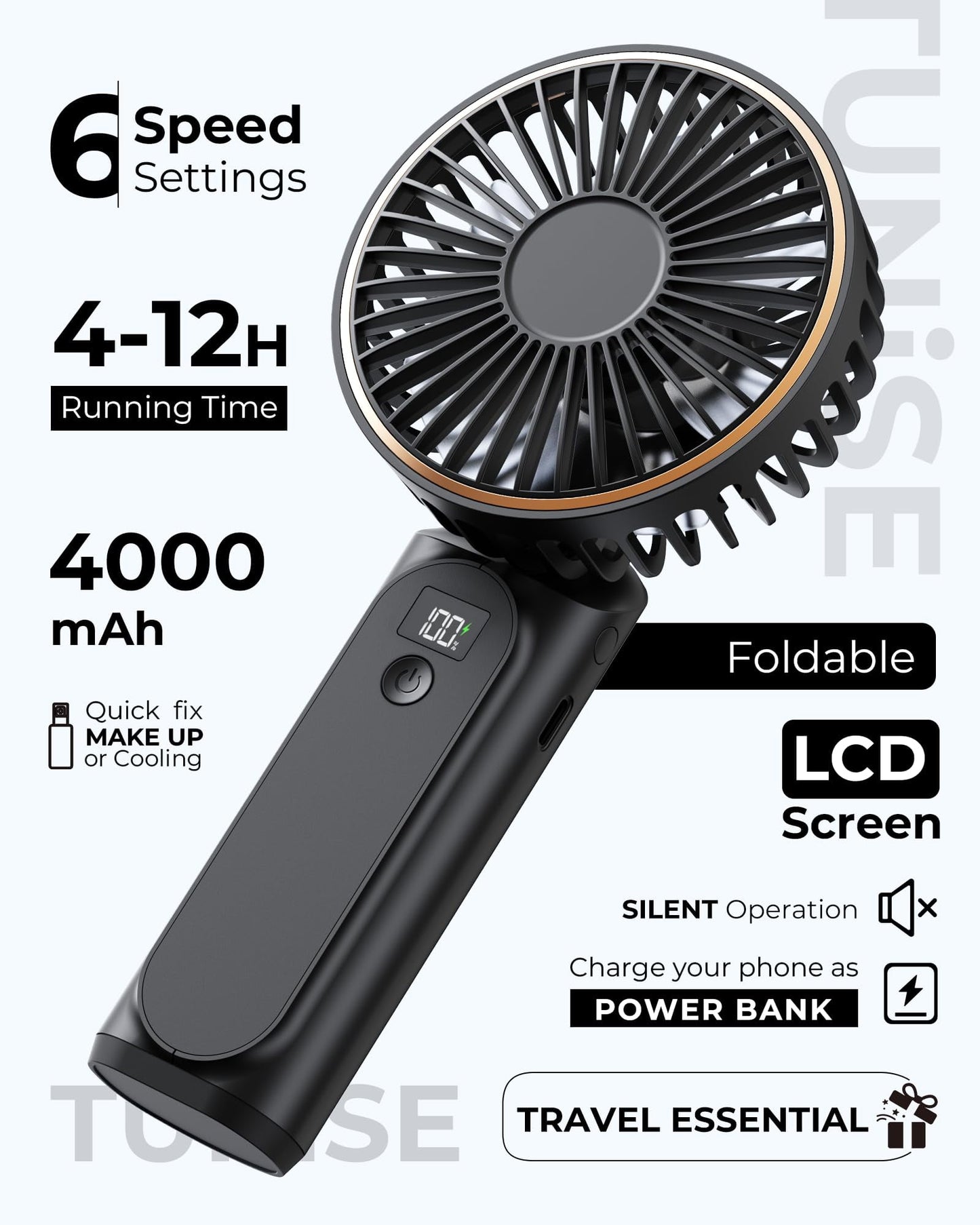 Portable Handheld Mini Fan, Neck Fan, 4000Mah Desk Fan, 180° Adjustable, 6 Speed Wind, Display Electricity in Real Time, USB Rechargeable Foldable Fan, Quiet Personal Fan with Power Bank Black