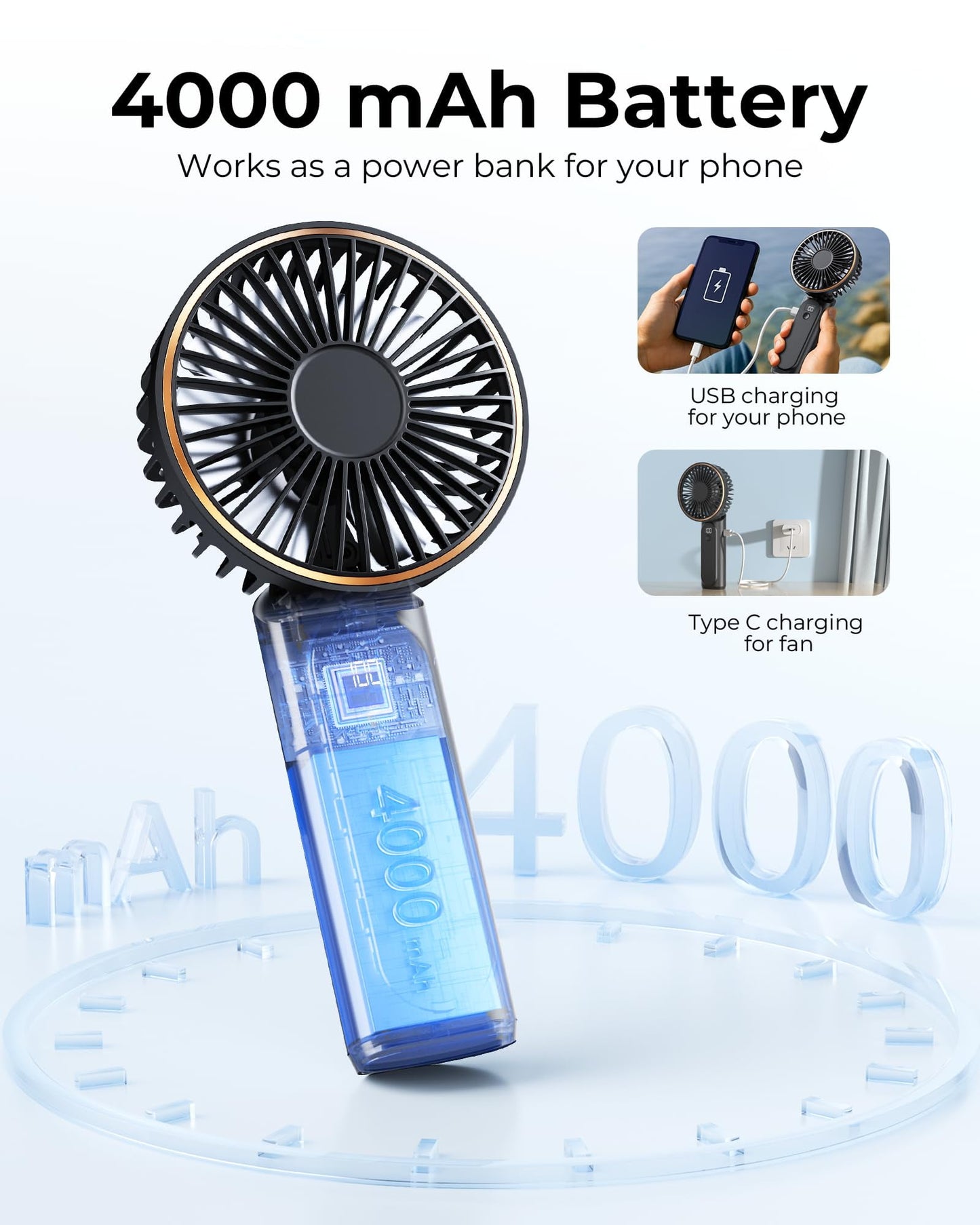 Portable Handheld Mini Fan, Neck Fan, 4000Mah Desk Fan, 180° Adjustable, 6 Speed Wind, Display Electricity in Real Time, USB Rechargeable Foldable Fan, Quiet Personal Fan with Power Bank Black