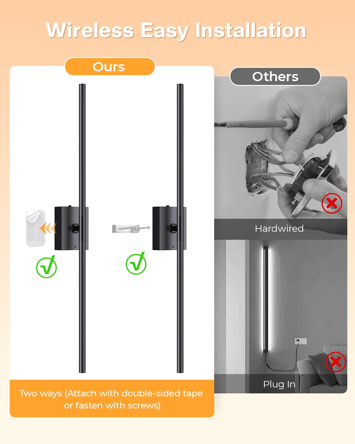 2 Pack 31.5 Inch Wall Sconce Removable Battery Operated with Remote Control 360°Rotate Touch Control 4 Color Dimmable No Wiring LED Wall Lights for Living Room Hallway Bedroom