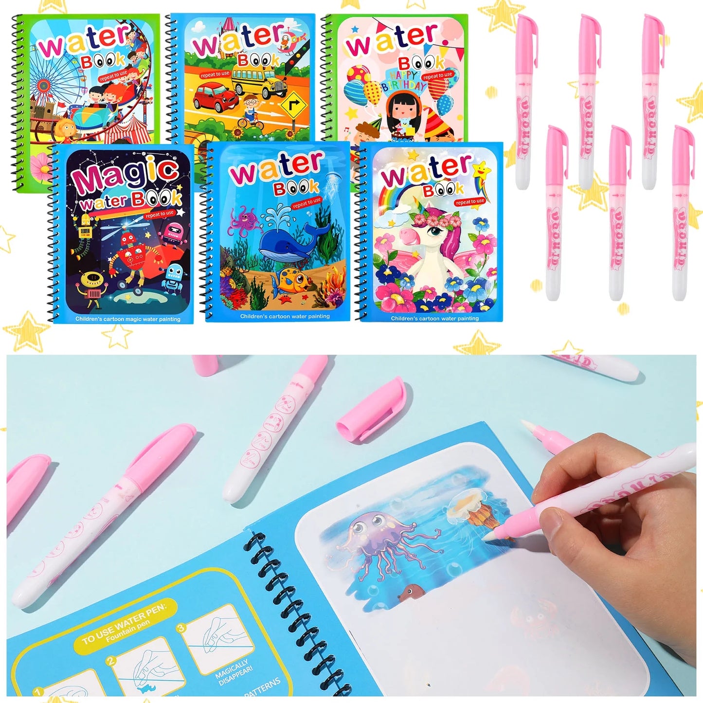 Magic Water Coloring Book, 6 Pieces