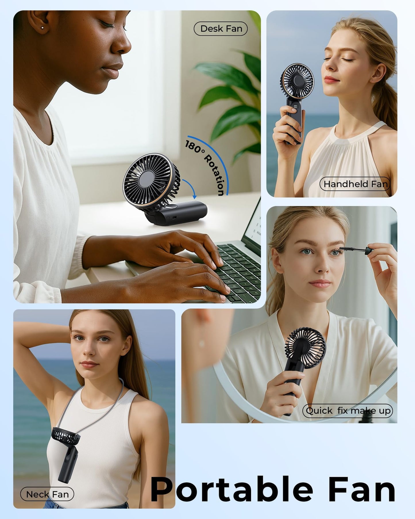Portable Handheld Mini Fan, Neck Fan, 4000Mah Desk Fan, 180° Adjustable, 6 Speed Wind, Display Electricity in Real Time, USB Rechargeable Foldable Fan, Quiet Personal Fan with Power Bank Black