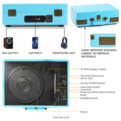 Record Player Turntable Portable Suitcase Vinyl Record Player Bluetooth Audio Turntable with Built-In Speakers,Blue