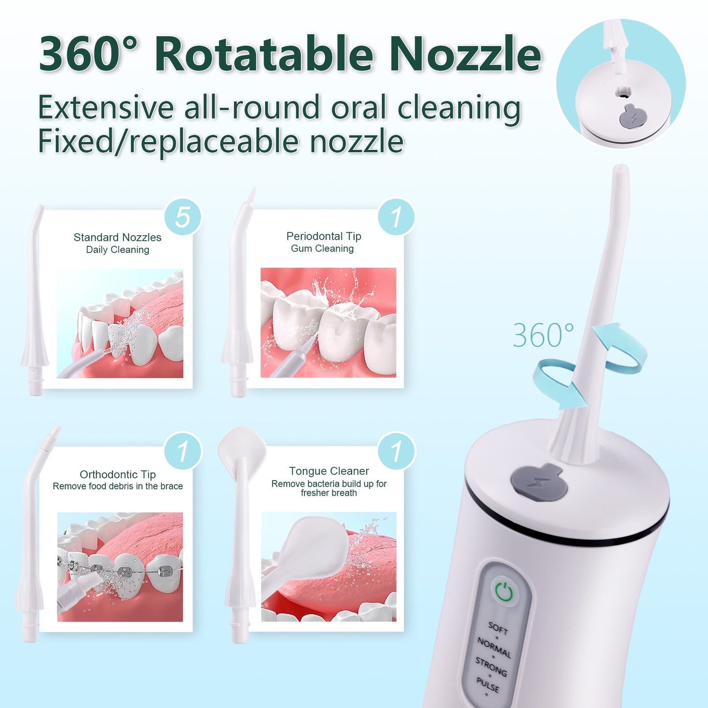 Water Flosser, Cordless Oral Irrigator, 4 Modes, 8 Tips, IPX7 Waterproof, 200Ml, White