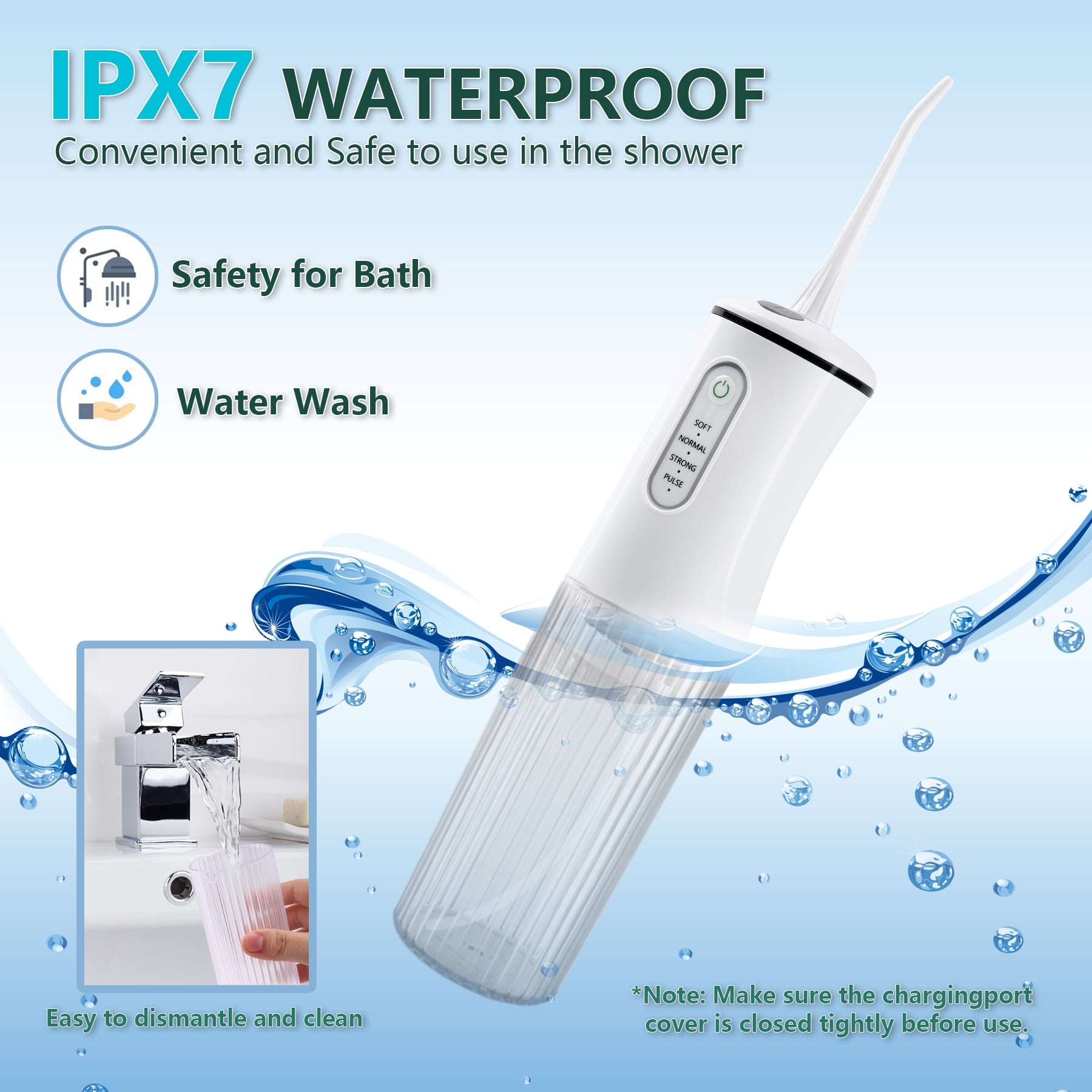 Water Flosser, Cordless Oral Irrigator, 4 Modes, 8 Tips, IPX7 Waterproof, 200Ml, White
