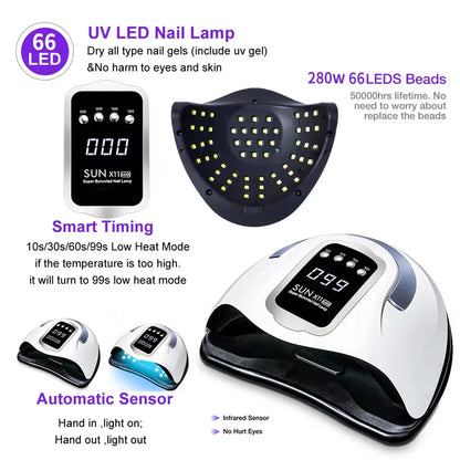 Uv Nail Lamp Uv Light for Gel Nails 280W Nail Curing Lamps Automatic Sensor Nail Dryer Light with 4 Timer Setting,White,66 Led Light