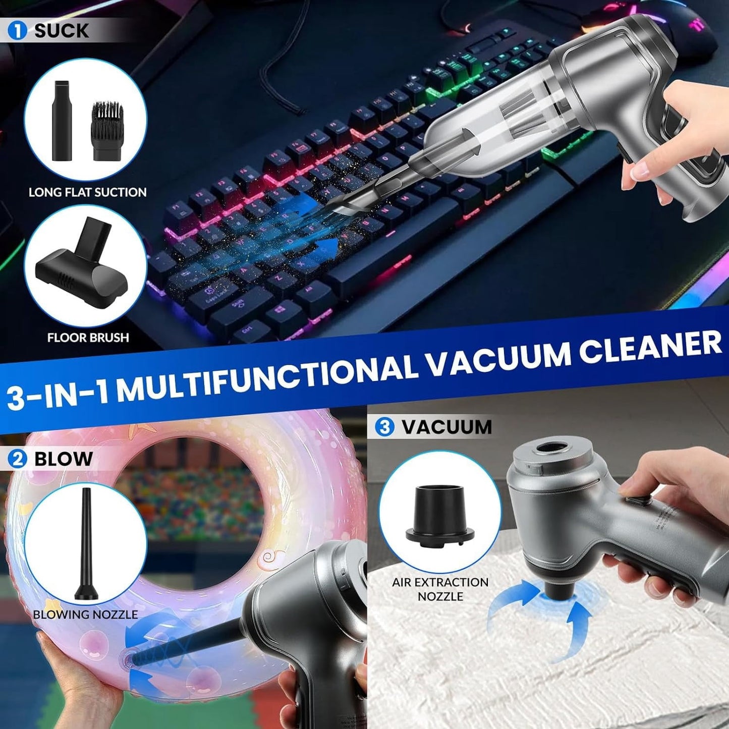 Wireless Handheld Car Vacuum Cleaner,Mini Car Vacuum Cleaner,15000Pa High Power Cordless Vacuum Cleaner,3 in 1 Portable Handheld Car Vacuum for Car,Office and Home