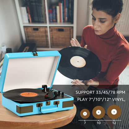 Record Player Turntable Portable Suitcase Vinyl Record Player Bluetooth Audio Turntable with Built-In Speakers,Blue