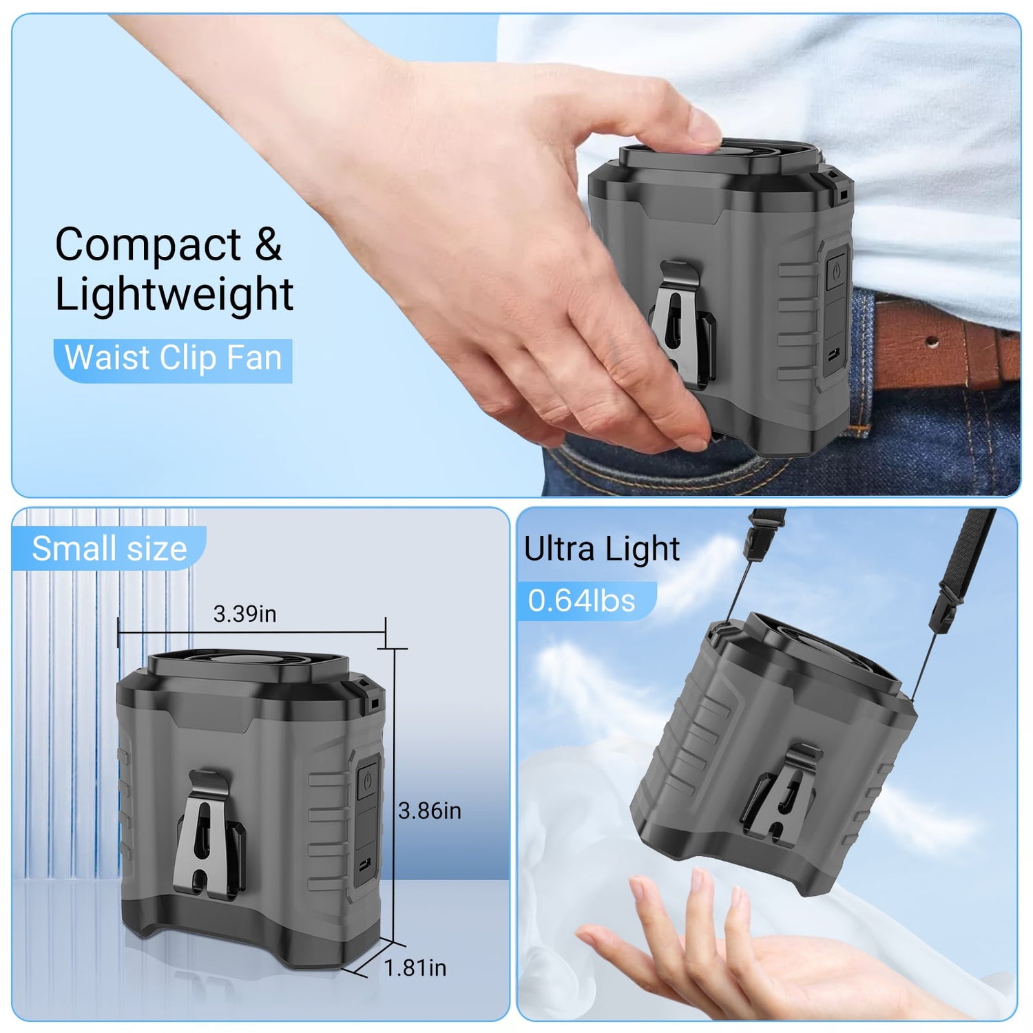 10000Mah Portable Waist Fan Clip on Wearable Belt Personal Fan Rechargeable Battery Operated with 5 Speeds & Neck Hands-Free 50H Cooling for Outdoor Camping Travel Fishing (Gray)