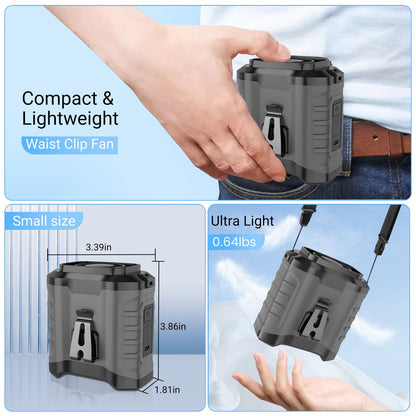 10000Mah Portable Waist Fan Clip on Wearable Belt Personal Fan Rechargeable Battery Operated with 5 Speeds & Neck Hands-Free 50H Cooling for Outdoor Camping Travel Fishing (Gray)