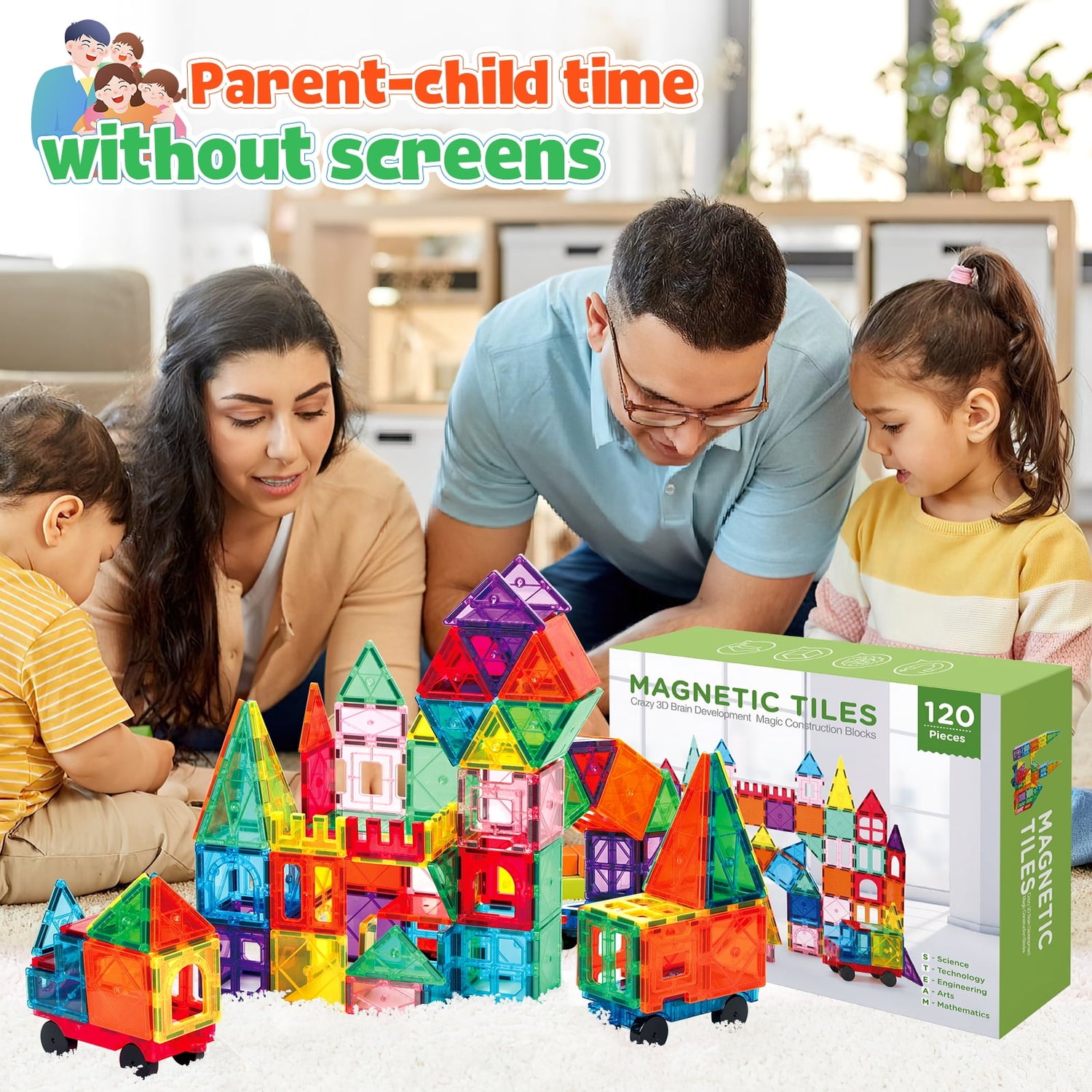 120Pcs Magnetic Tiles for Kids,Educational Magnetic Building Blocks for Boys Girls, STEM Preschool Kindergarten Learning Toys