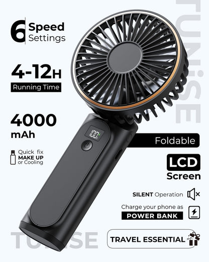 Portable Handheld Mini Fan, Neck Fan, 4000Mah Desk Fan, 180° Adjustable, 6 Speed Wind, Display Electricity in Real Time, USB Rechargeable Foldable Fan, Quiet Personal Fan with Power Bank Black