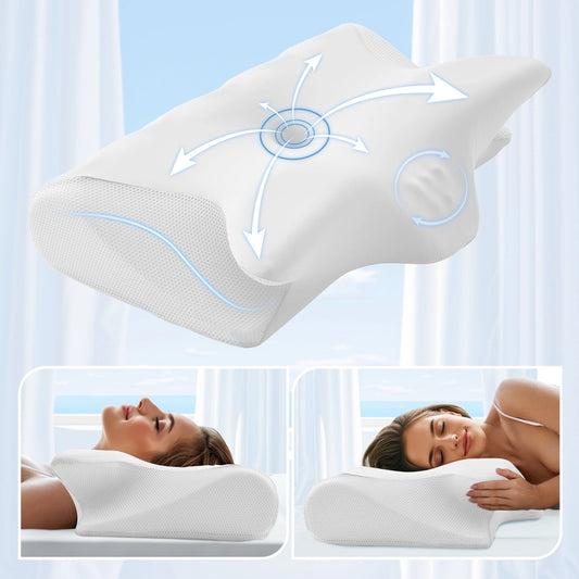 Cervical Pillow for Neck Pain Relief, Ergonomic Hollow Design, Odorless Memory Foam Pillow for Sleeping, Orthopedic Contour Neck Support Pillows with Additional Pillowcase, Milk White