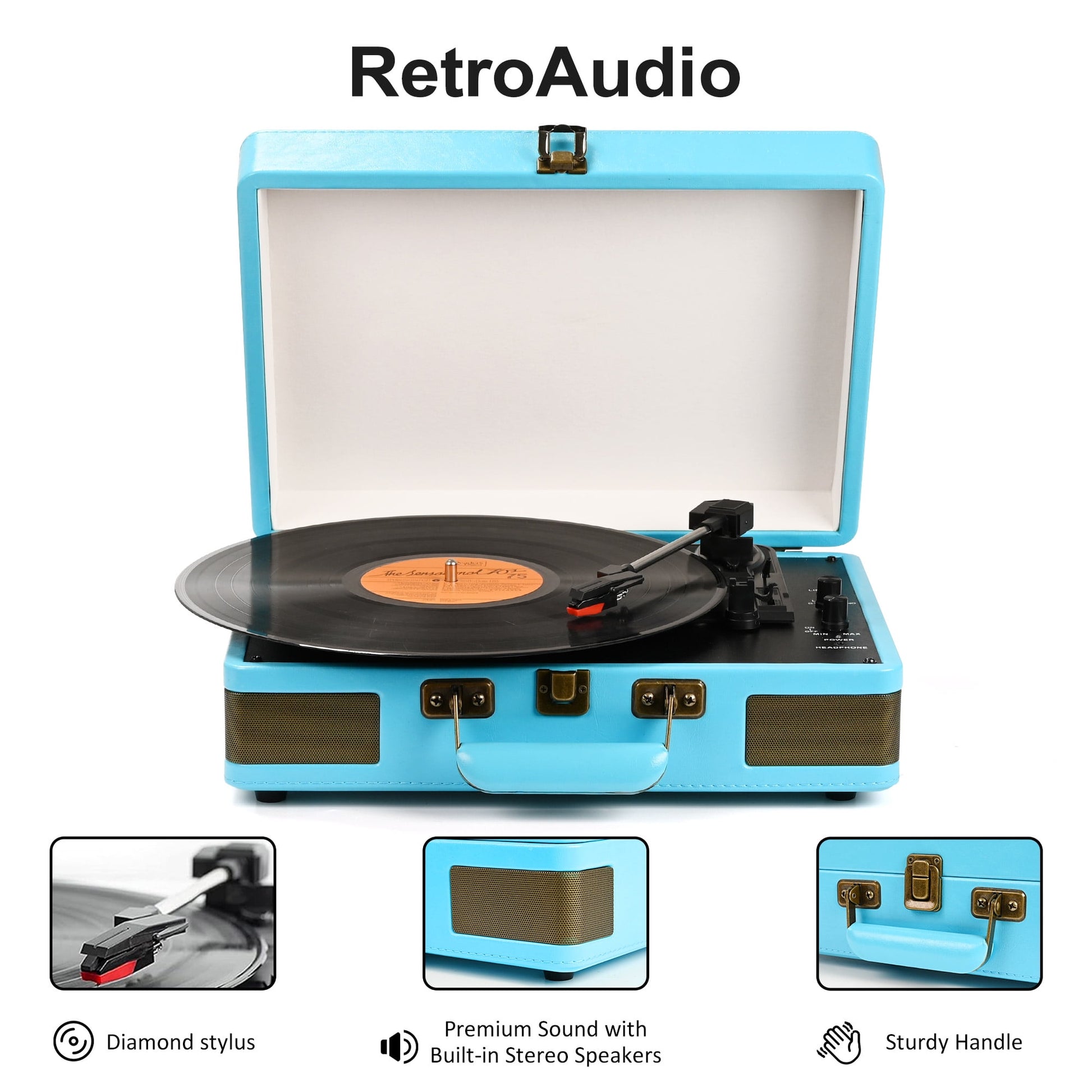 Record Player Turntable Portable Suitcase Vinyl Record Player Bluetooth Audio Turntable with Built-In Speakers,Blue