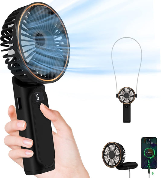 Portable Handheld Mini Fan, Neck Fan, 4000Mah Desk Fan, 180° Adjustable, 6 Speed Wind, Display Electricity in Real Time, USB Rechargeable Foldable Fan, Quiet Personal Fan with Power Bank Black