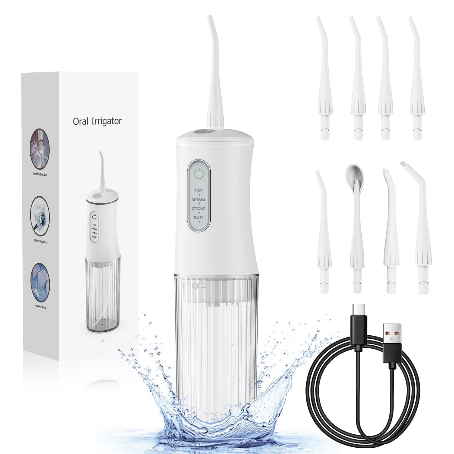 Water Flosser, Cordless Oral Irrigator, 4 Modes, 8 Tips, IPX7 Waterproof, 200Ml, White