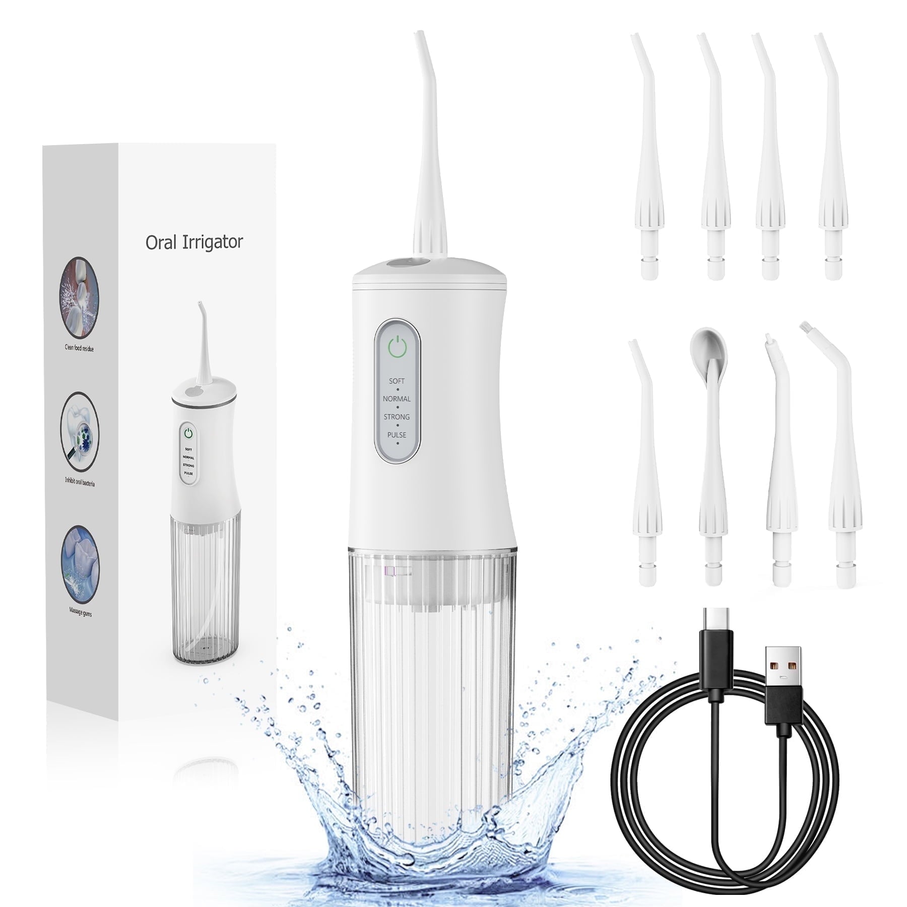 Water Flosser, Cordless Oral Irrigator, 4 Modes, 8 Tips, IPX7 Waterproof, 200Ml, White