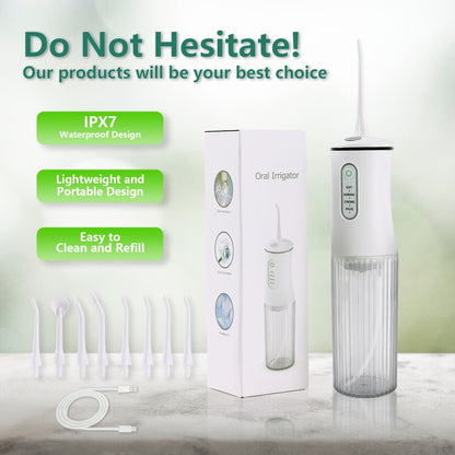 Water Flosser, Cordless Oral Irrigator, 4 Modes, 8 Tips, IPX7 Waterproof, 200Ml, White