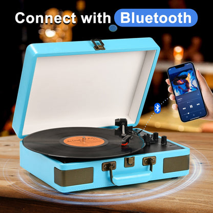 Record Player Turntable Portable Suitcase Vinyl Record Player Bluetooth Audio Turntable with Built-In Speakers,Blue