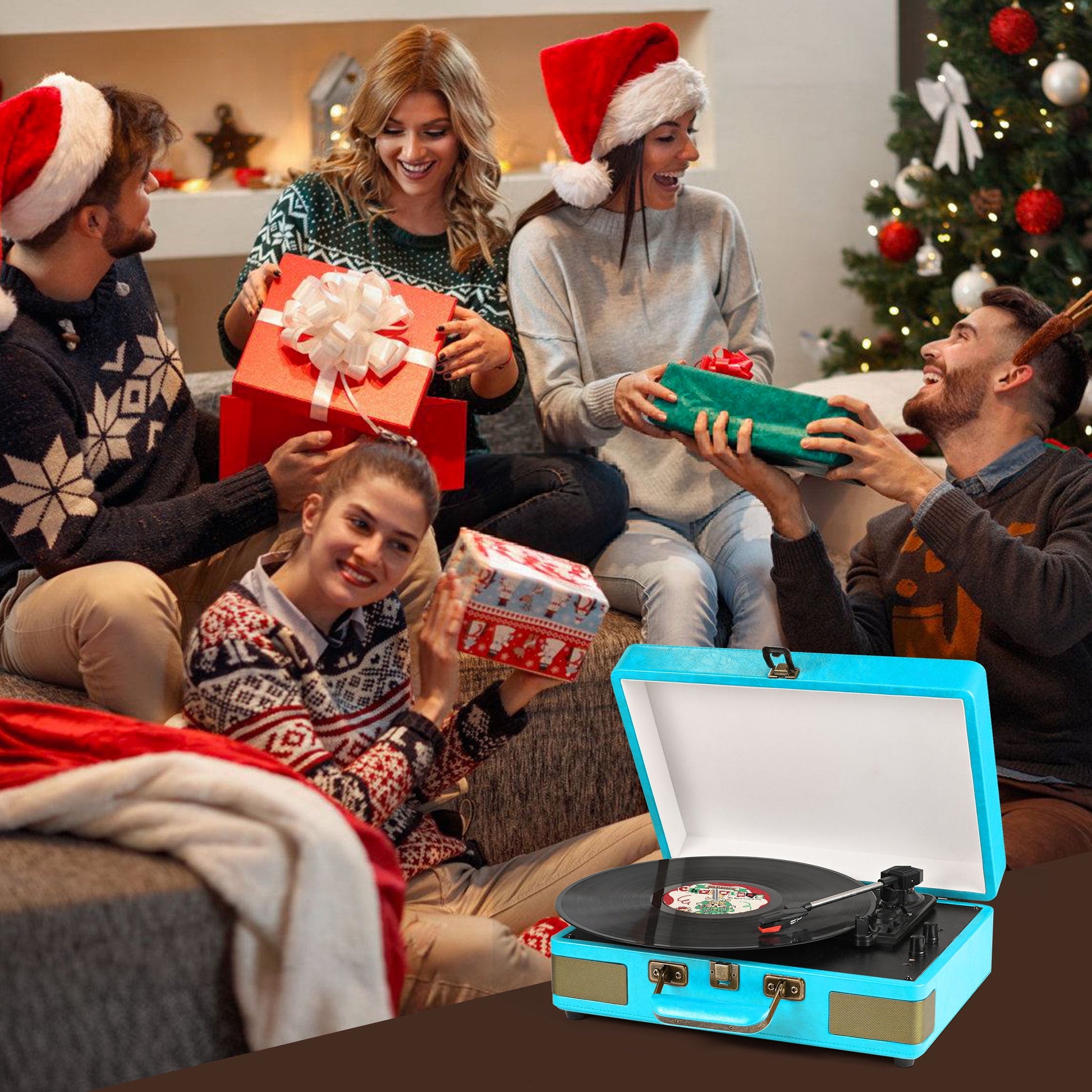 Record Player Turntable Portable Suitcase Vinyl Record Player Bluetooth Audio Turntable with Built-In Speakers,Blue